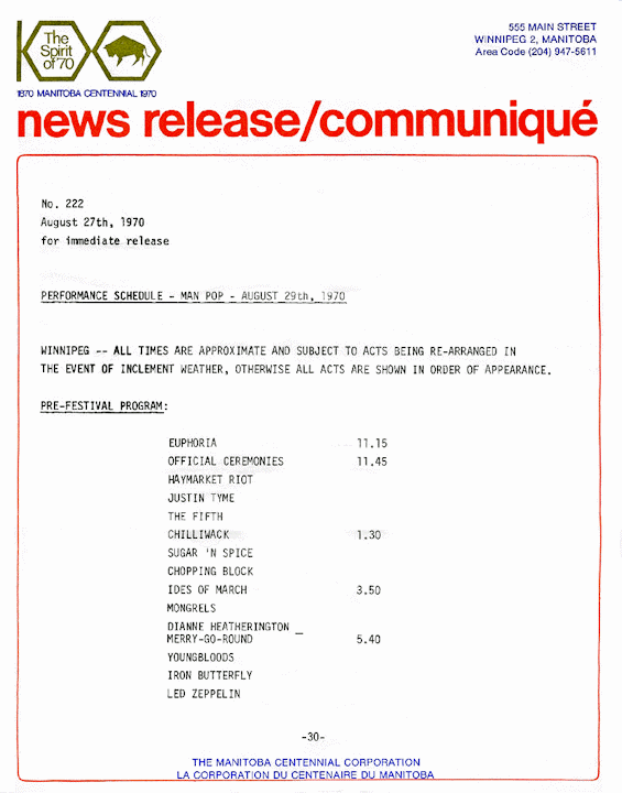 Man-Pop
                              Performance Schedule 1970